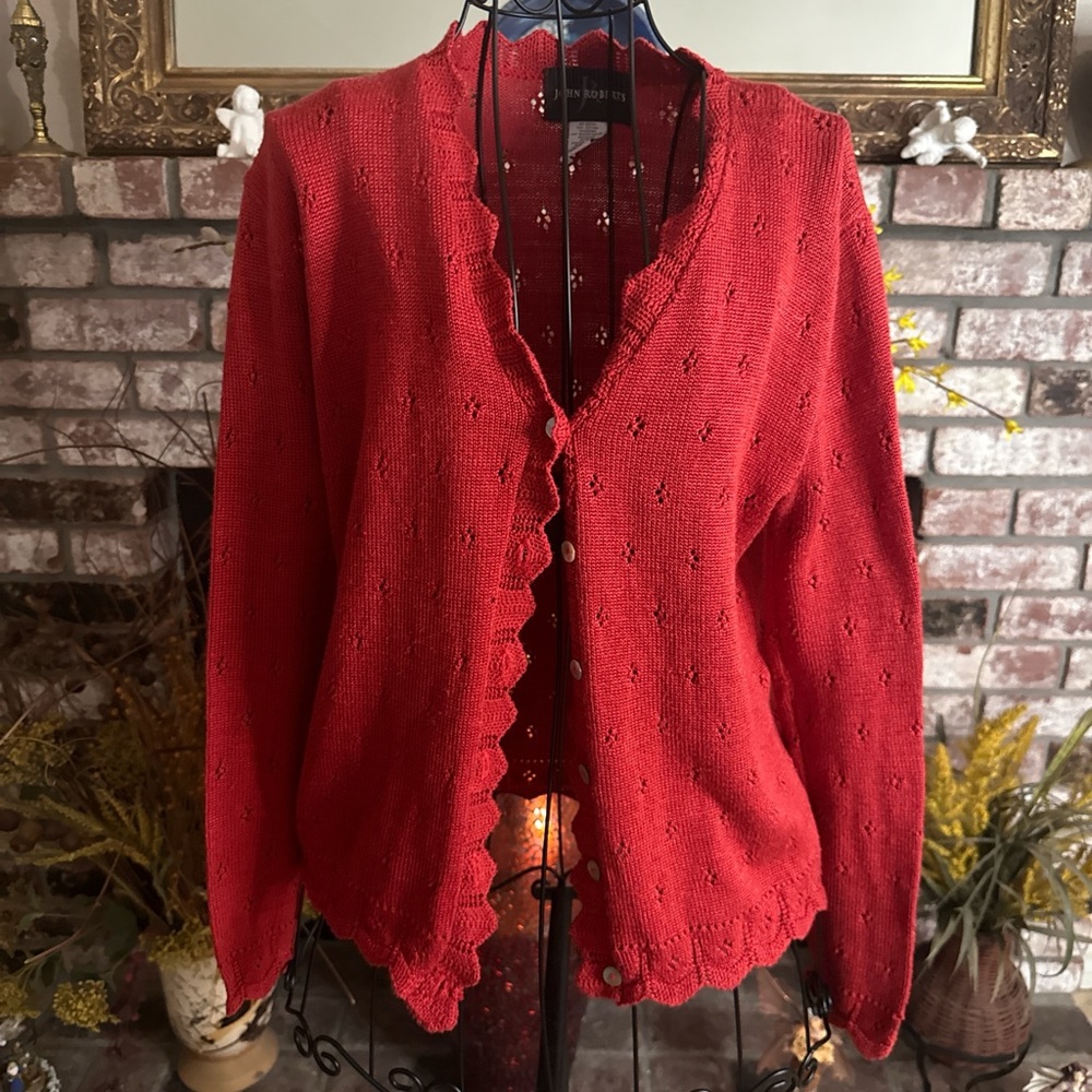 Vtg 90s Orange Red Floral Knit Button Up Cardigan Scalloped Trim